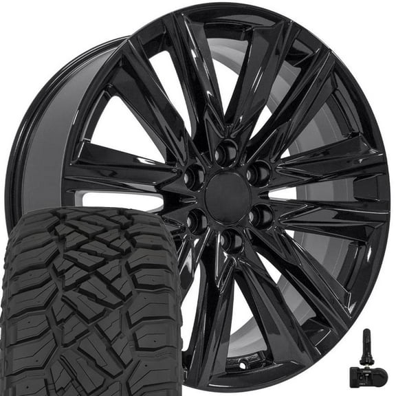 OE Wheels CA91 22 Inch Rims and Tires Fit Escalade Sport Style 6x139.7 22x9 Gloss Black - Hollander 4869 - TerraMax RT 285/45-22 (Set of 4)