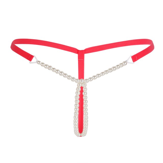 TiaoBug Women's Pearls Massage Chain G-string Underwear Low Rise Brief Thong Lingerie Red One_Size