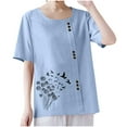 thumbnail image 1 of T-shirts en Lin à Col Rond Oversize pour Femmes, Manches Courtes, T-Shirts en Coton, Imprimé Floral, à Boutons, Blouses Tendance, 1 of 7