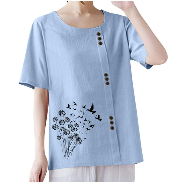 T-shirts en Lin à Col Rond Oversize pour Femmes, Manches Courtes, T-Shirts en Coton, Imprimé Floral, à Boutons, Blouses Tendance