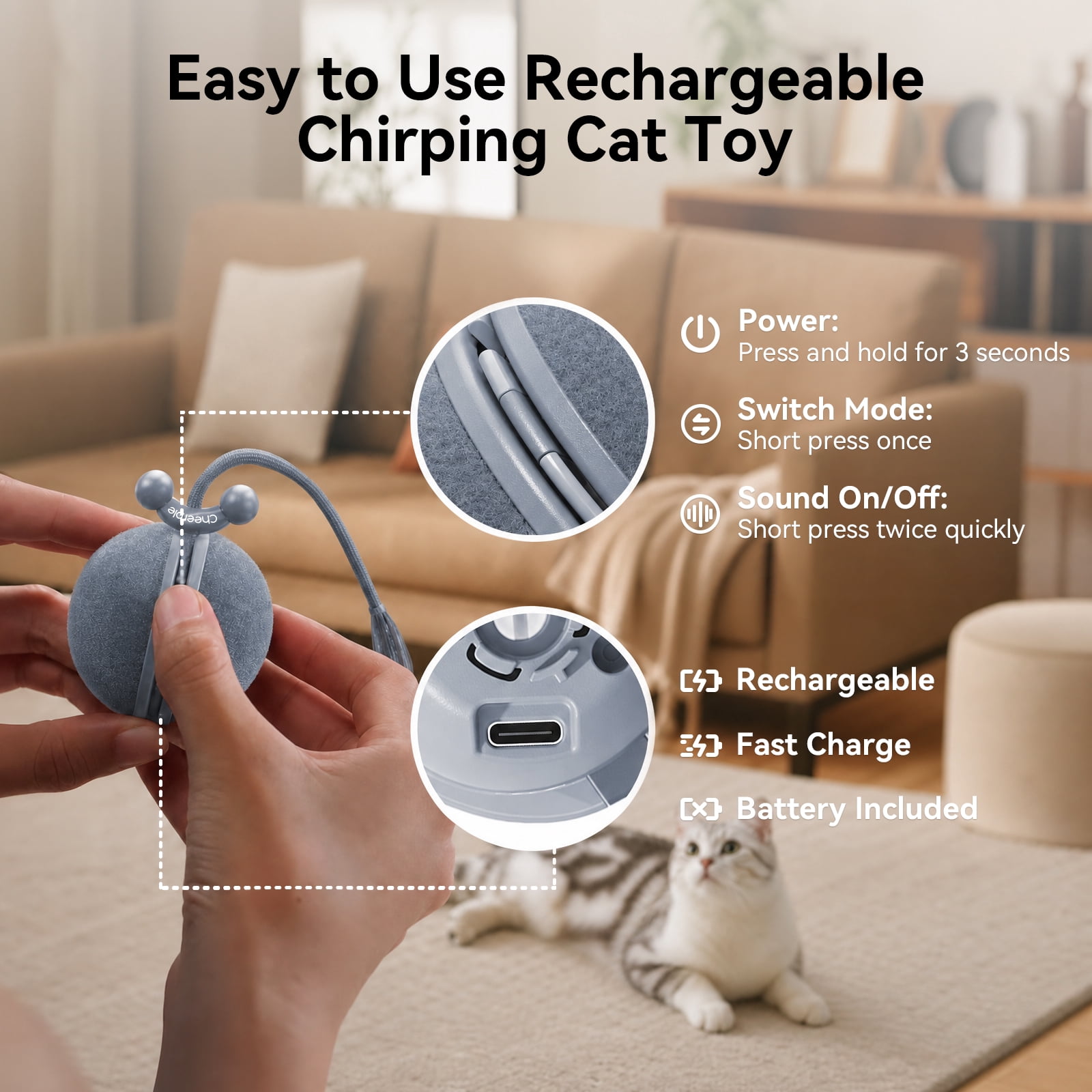 Cheerble Wicked Ball Duo2 Automatic Interactive Cat Toy with Tail & LED Light, Baby Blue