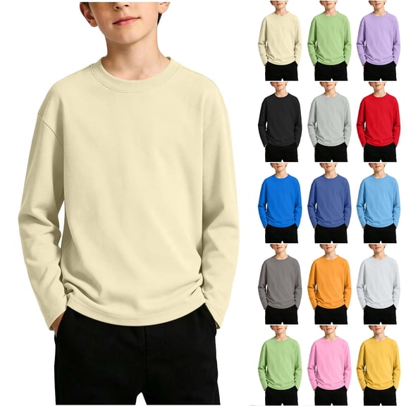 Otntypg Boys Sweatshirts Kids Fashion Long Sleeve Basic Solid Color Athletic Crewneck Pullover Tops Lightweight Comfy Base Tunic Tees Shirt, 2-13 Years