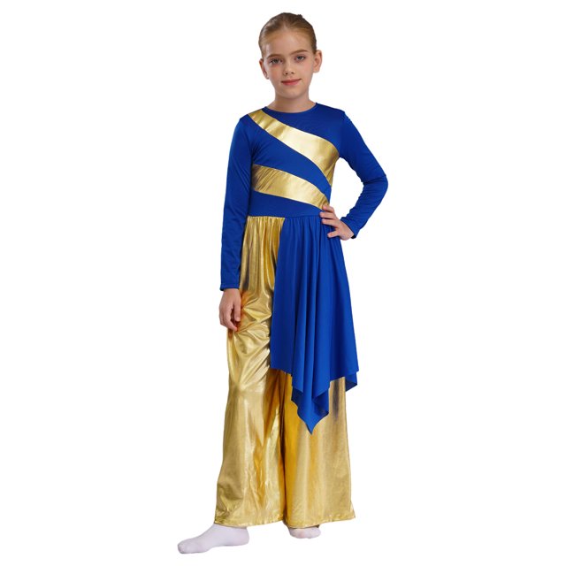 Hansber Robe de Danse pour Filles Enfants Pantalon Grand Métallique Robe Liturgique Combinaison Lyrique Bleu 6