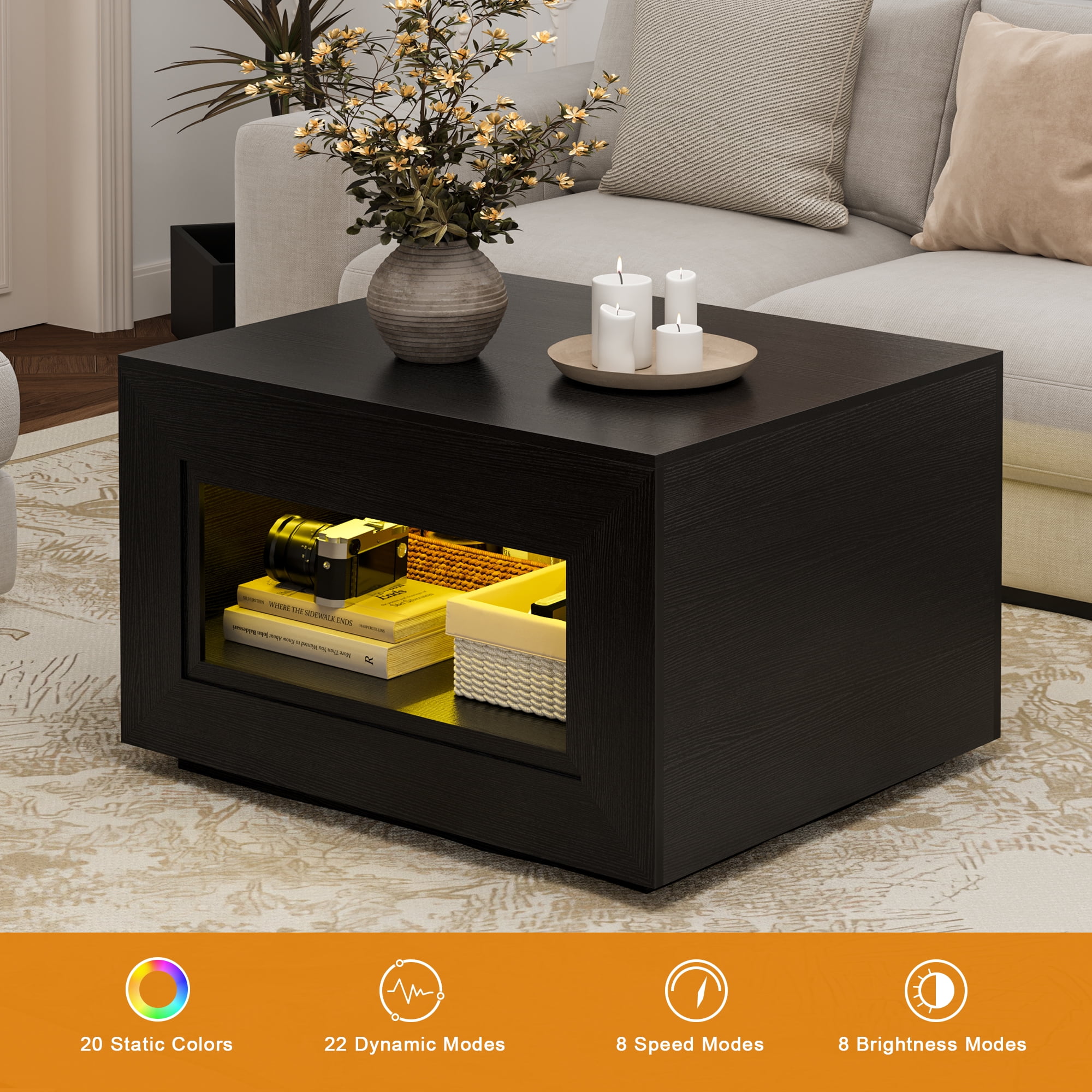 GUNAITO Lift Top Coffee Table with Storage, Wooden Convertible Coffee Table with LED Lights for Living Room, Square Center Table, Black