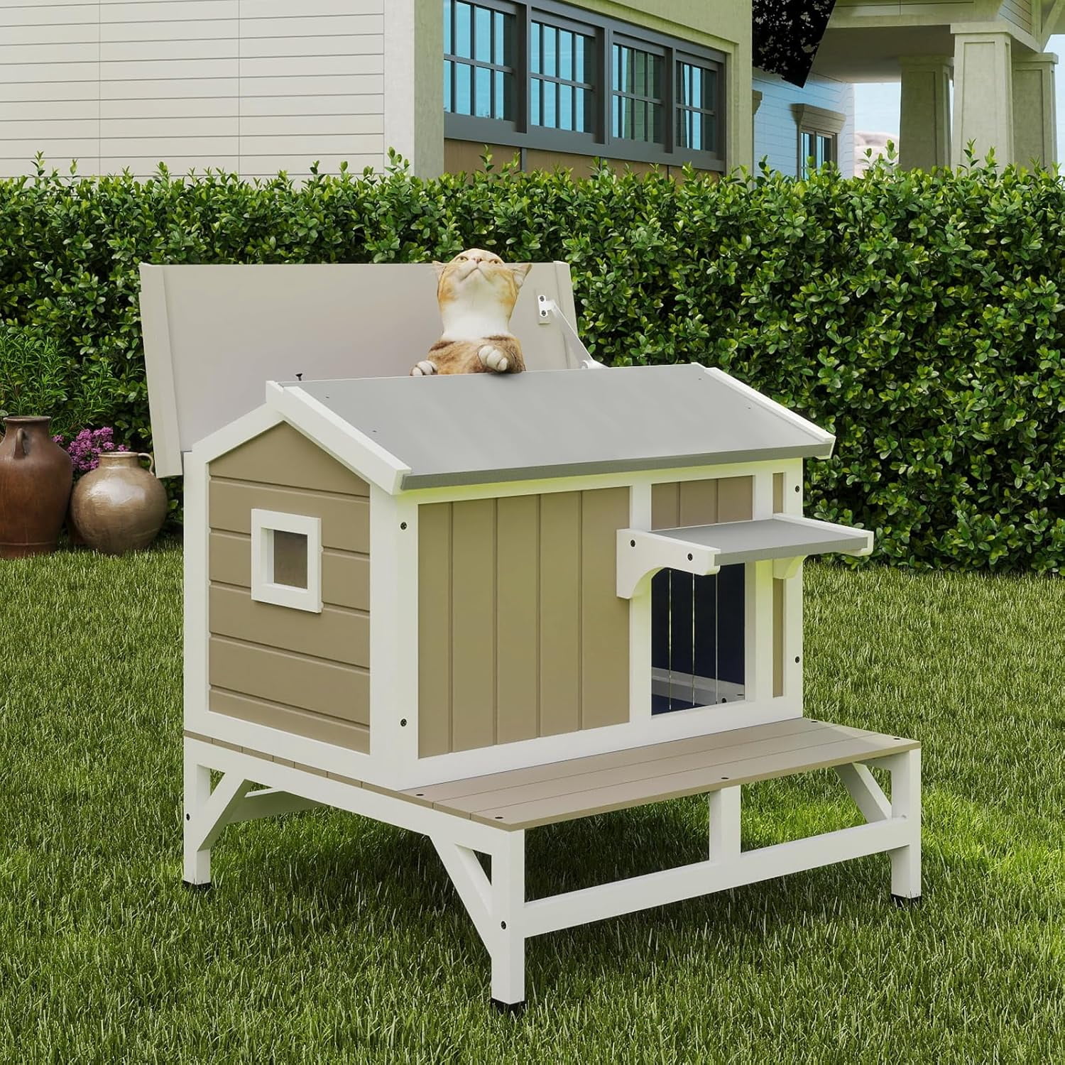 28.7"L Cat House Outdoor Feral Cat Shelter with Balcony,Weatherproof Cat Houses for Outdoor Cats with Openable Asphalt Roof,Wooden Feral Cat Enclosure with Raised Base for 1-3 Cats(GREY)