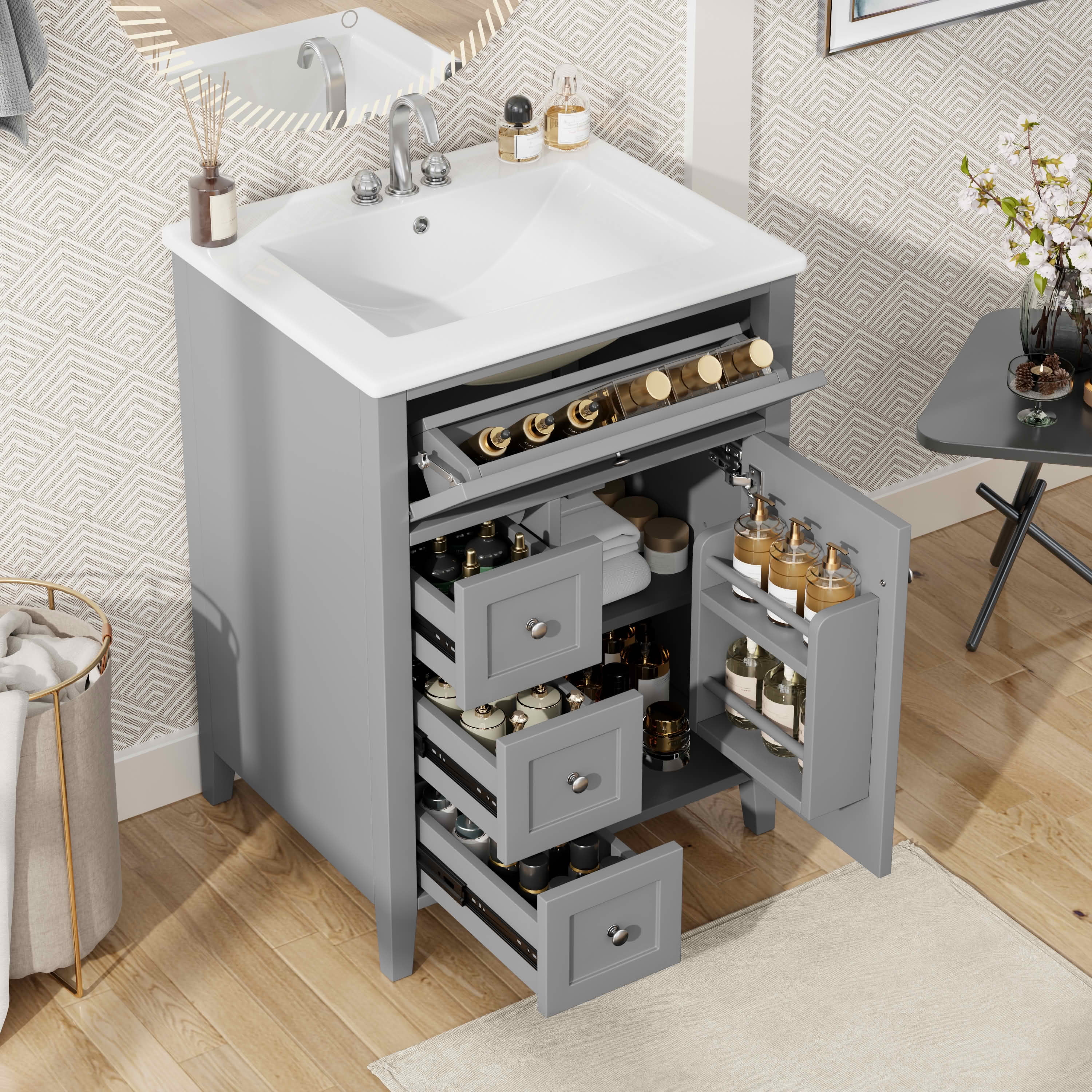 MAYEERTY 24" Bathroom Vanity with Sink, 3 Drawers Cabinet Adjustable Shelves MDF Rubberwood, Modern Small Medium Bathrooms, Gray