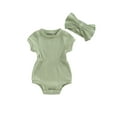 thumbnail image 1 of Arvbitana Infant Baby Girls 2 Piece Outfits Solid Color Ribbed Short Sleeve Tunic Romper and Bowknot Headband Set Newborn Cute Bodysuits 0M 3M 6M 9M 12M 18M, 1 of 7