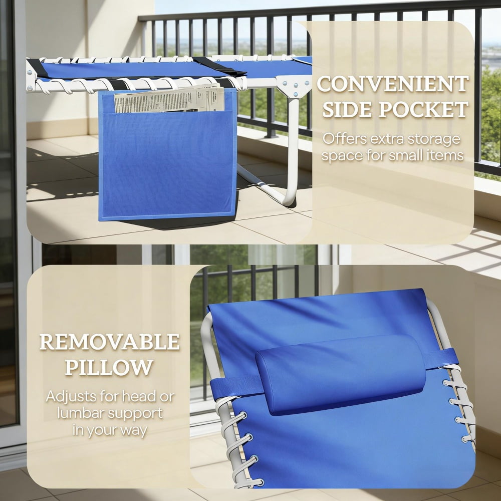 4-Piece Outdoor Patio Lounge Set 2 Folding Beach Loungers & 2 Side Tables 5-Position Adjustable Backrest with Face & Arm Holes Breathable Mesh Portable Pool Chairs with Carry Strap