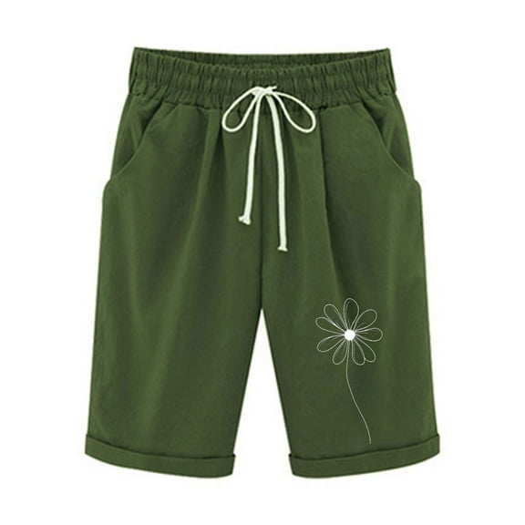 WRKEKC Womens Summer Shorts, Casual Shorts for Women, Women's Knee Length Comfy Lounge Printed Solid Color Drawstring Elastic Waist Shorts with Pockets