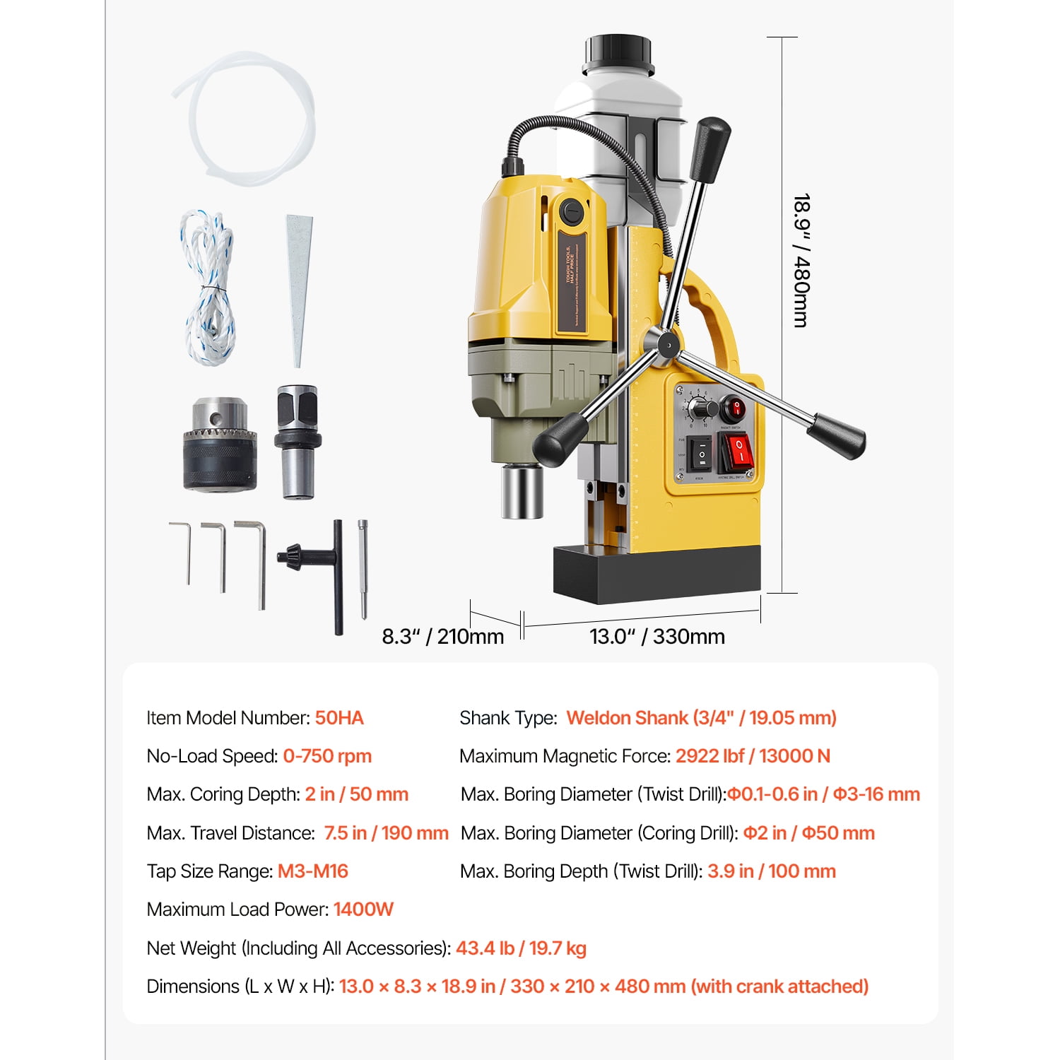 KFFKFF Magnetic Drill with 1400W Motor, 2-inch Drilling Capacity, 2922 lbf Magnetic Force, Variable Speed 0-750 RPM, Portable Electric Drill Press for Metalworking and Home Projects