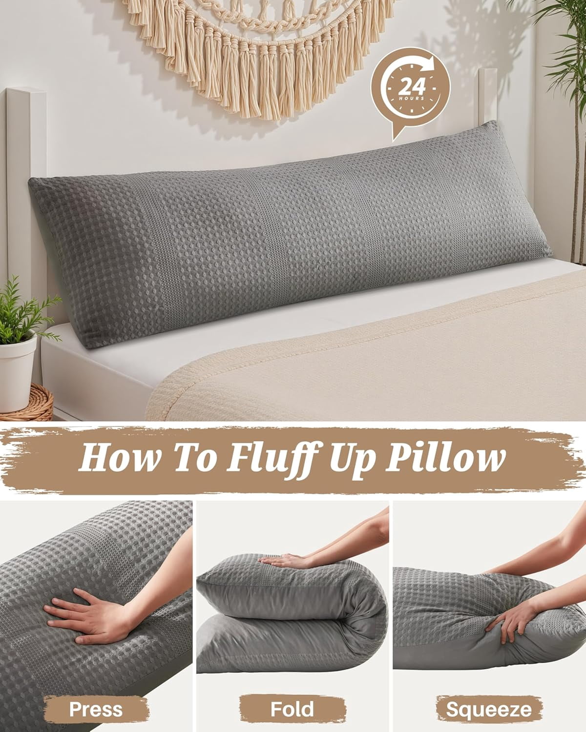 Nalqet Waffle Textured Decorative Lumbar Pillow 20x54 inch – Soft Polyester Long Throw Pillow for Sofa, Bed & Couch, Grey