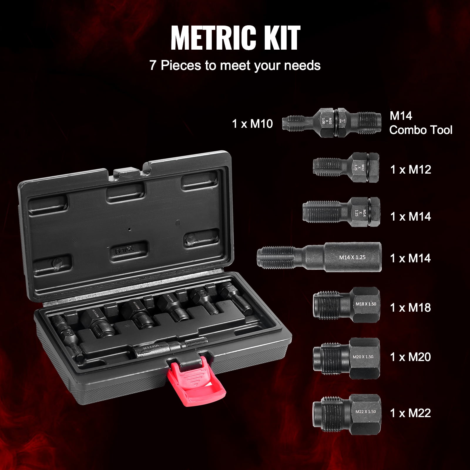 VEVOR 7-Piece Thread Chaser Set, Metric Thread Restorer Tool M10 M12 M14 M18 M20 M22, Rethreading Tool Kit with Storage Case, Heat Treated Carbon Steel, for Automotive Thread Repair Applications
