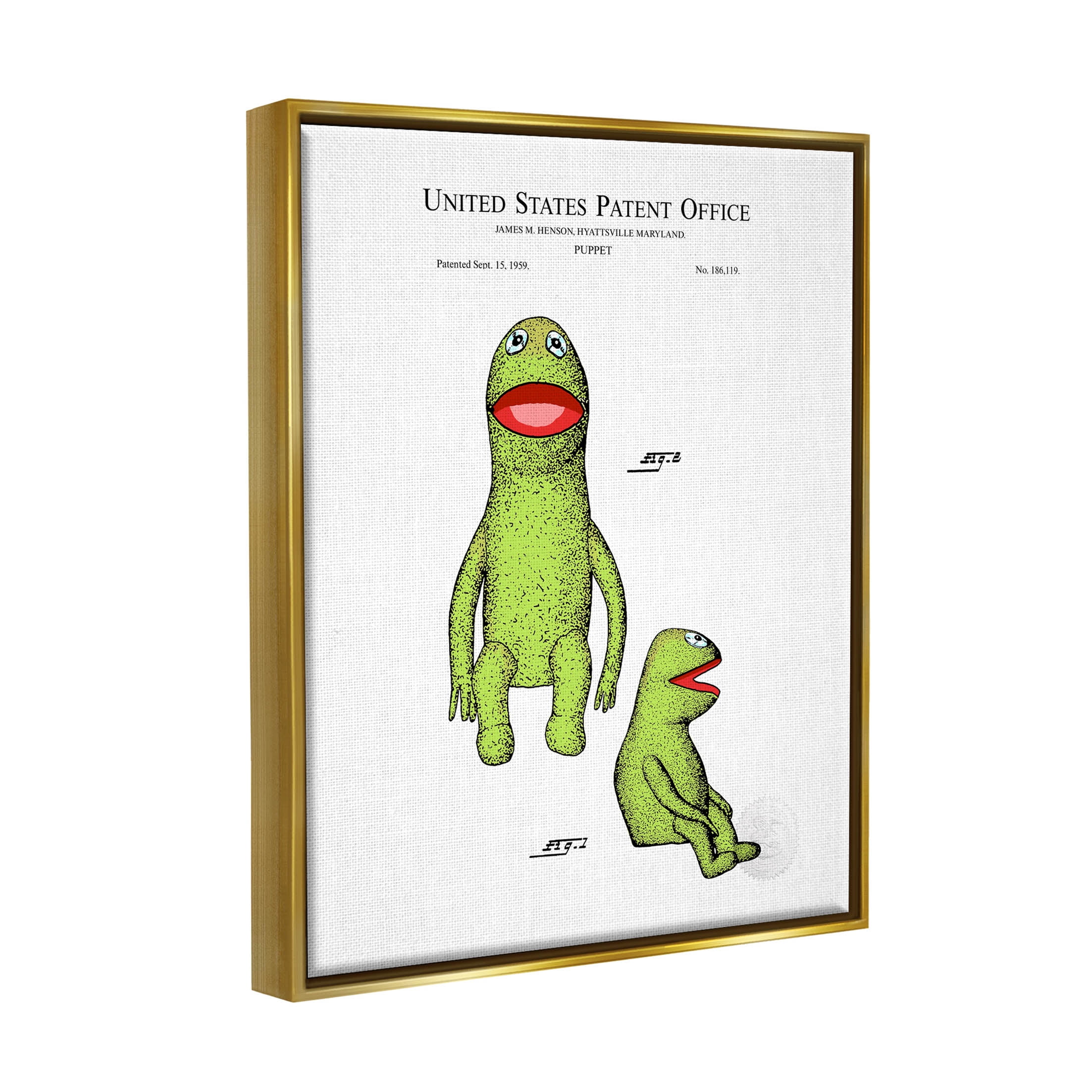 Stupell Industries Vintage Frog Puppet Patent Graphic Art Metallic Gold Floating Framed Canvas Print Wall Art, Design by Karl Hronek