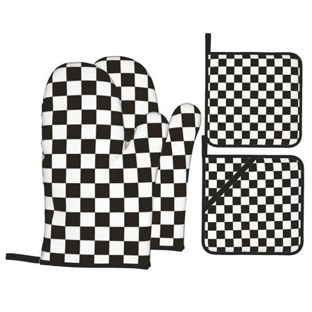 

Oven Mitts and Pot Holders Sets 4 pcs Black and White Checkerboard Non-Slip Oven Gloves Potholders Soft Quilted Lining Heat Resistant Gloves Hot Pads for Kitchen Cooking Baking