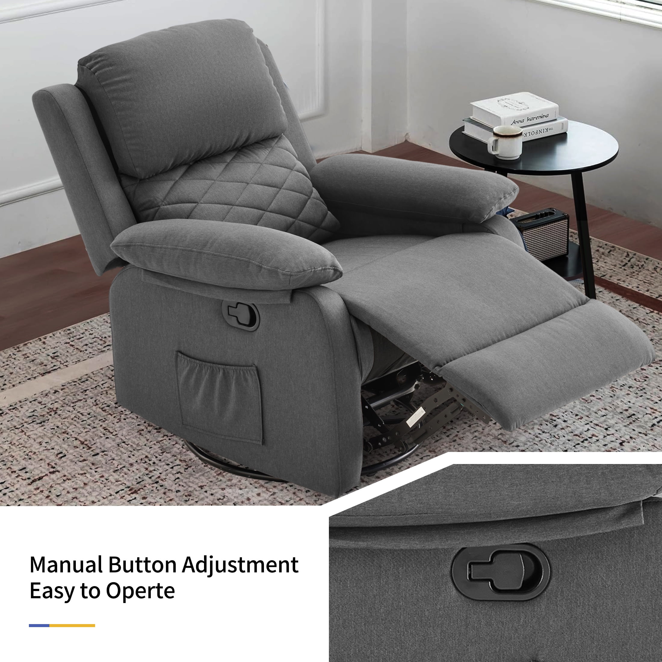 Gelloan 360° Swivel Recliner Chair, Small Rocker Chair for Small Spaces, Upholstered Fabric Glider Recliner Nursery Chair with Side Pockets,Gray