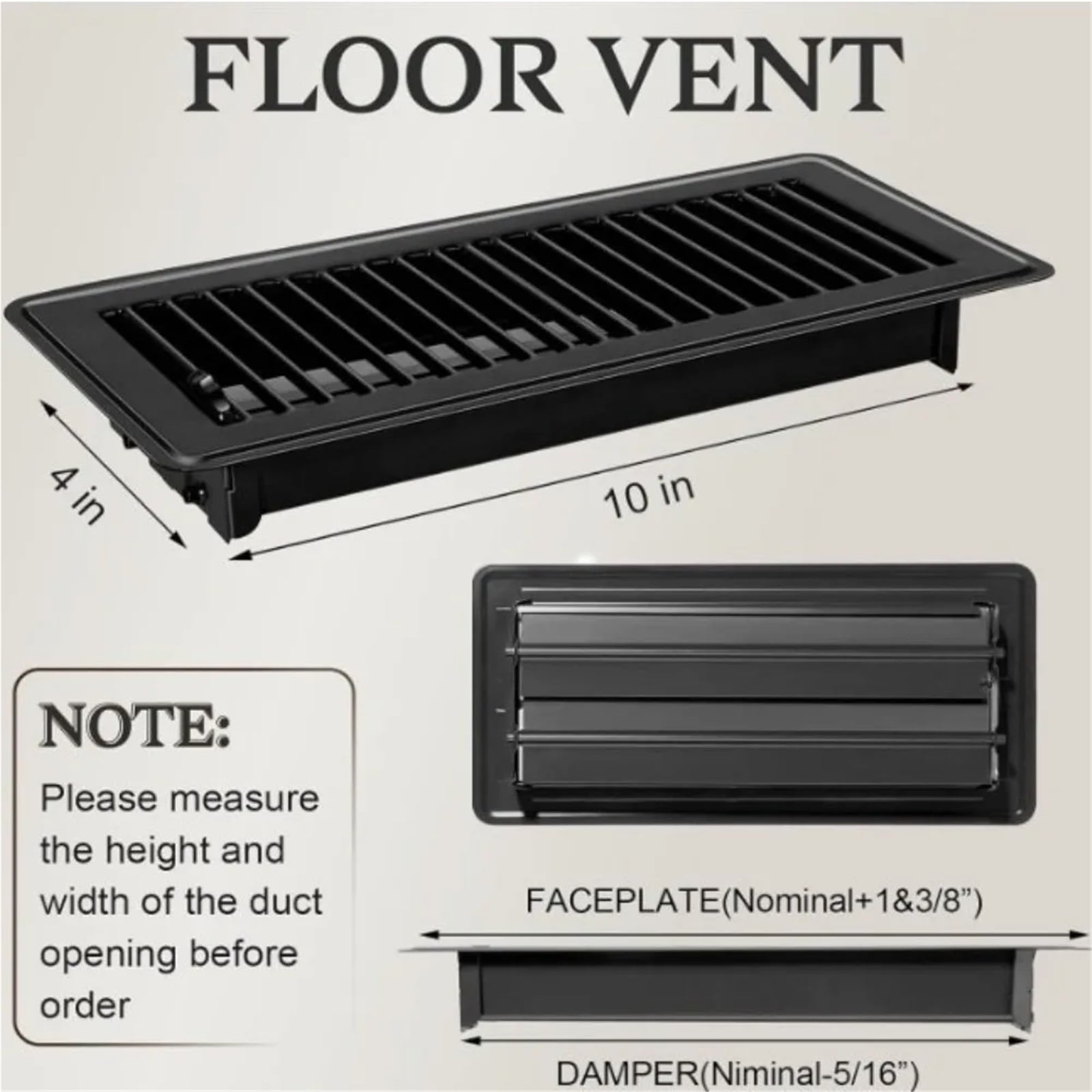 4-Pack Metal Floor Register Covers 4x10 Inch, High-Efficiency Vent Grille, Anti-Blocking Air Flow for Central AC, Black/White/Brown