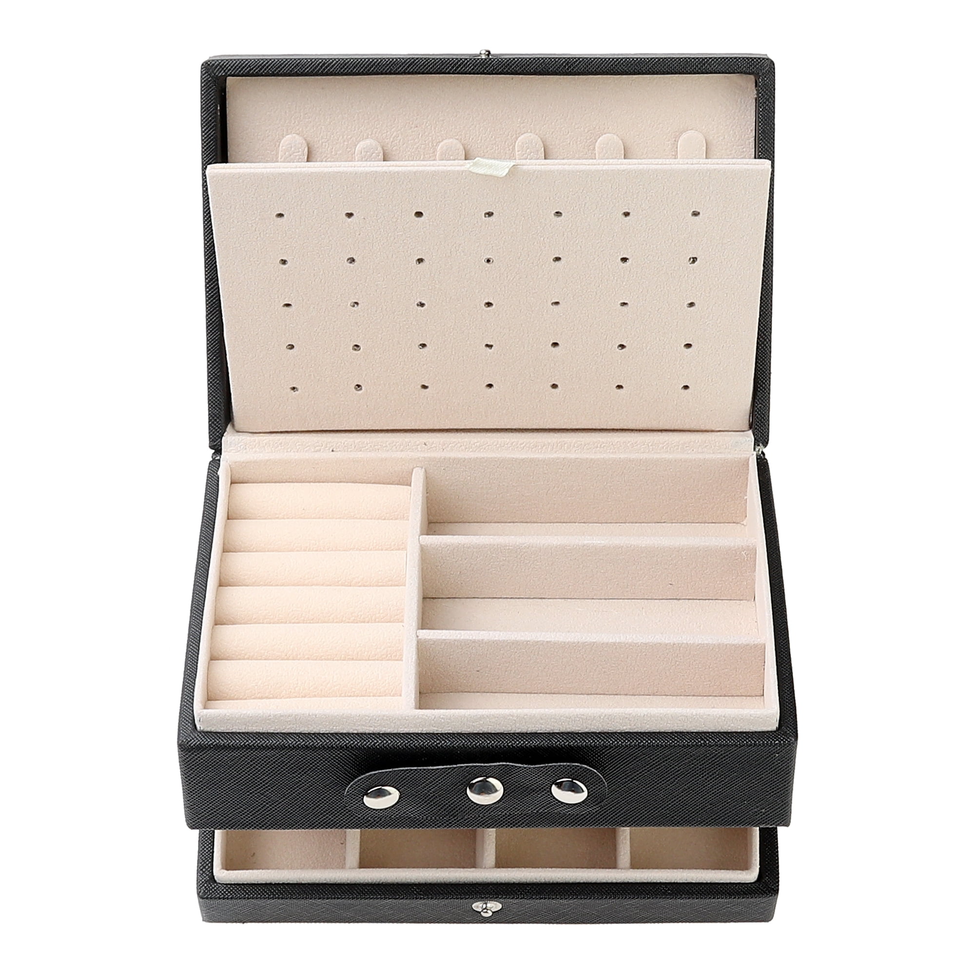 Unique Bargains 2 Layer Jewelry Box PU Leather Jewelry Case for Earring Necklace Ring Black