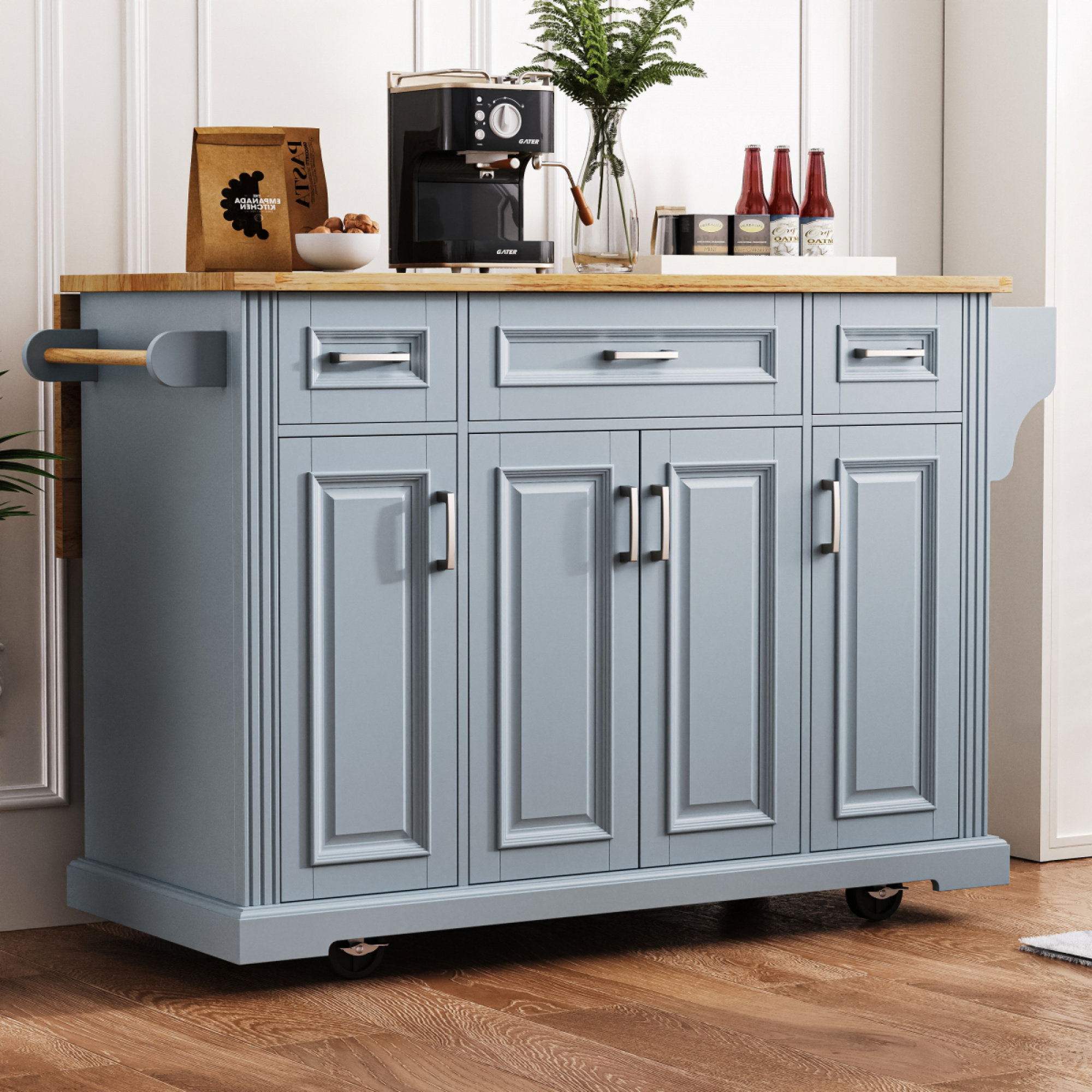 54 Inch Rolling Kitchen Island Cart - Rubber Wood Drop Leaf, Embossed Texture, 4 Doors 3 Drawers Storage for Kitchen Dining,Grey+Blue