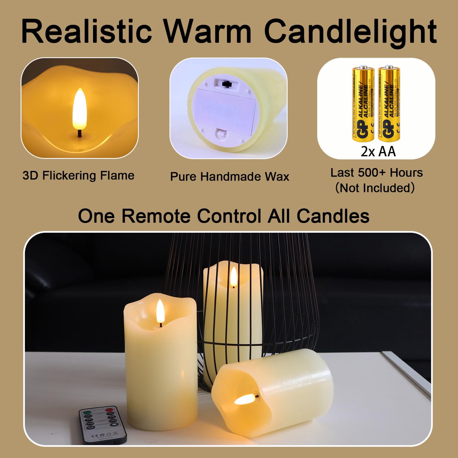 Flickering Flameless LED Candles, Realistic Fake Candles, Battery Operated, with Remote and Timer, Ivory Real Wax Pillar Candles Set of 3
