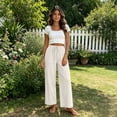 thumbnail image 4 of RFQWOVSR Women's Elastic Waist Drawstring Wide Leg Linen Pants with Pockets Loose Fit Casual Summer Trousers S, 4 of 5