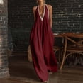 thumbnail image 2 of JULMCOMO Linen Jumpsuits for Women Lace Trim Halter Deep V Neck Summer Jumpsuits Sleeveless Wide Leg Elegant Comfy Loose Fit Rompers Wine L, 2 of 5
