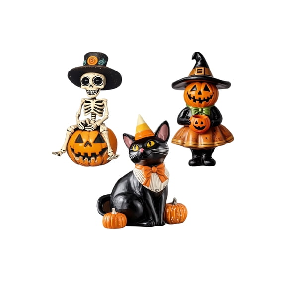 Gardjoe 3 Piece 2D Autumn Halloween Wooden Sign Set with Cat Pumpkin and Skeleton Designs for Fall Tabletop Shelf and Entryway Display