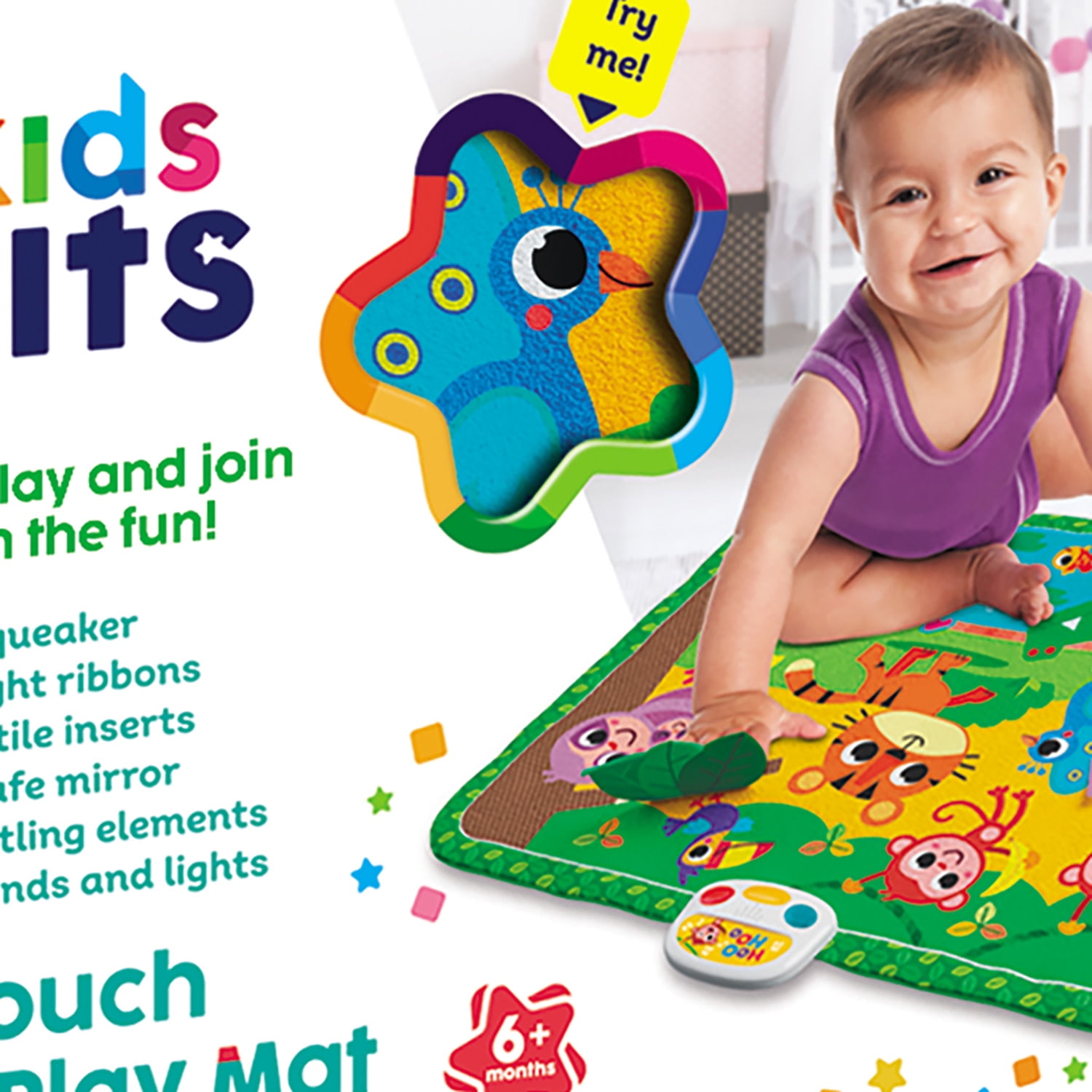 Kids Hits: Touch & Play Mat - Jungle Pals - 31.5 x 23.6" Sensory Floor Pad, Lights-Animal Sounds-Songs Module, Tactile Learning Toy, Baby-Toddler 6Mo+