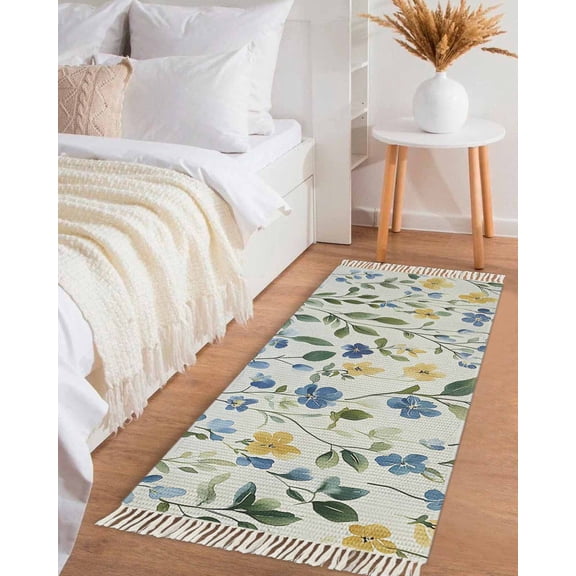 Blue Yellow Floral Spring Hallway Runner Rug 2x5ft,Summer Pastoral Botanical Green Washable Woven Living Room Bedroom Kitchen Bathroom Carpet with Tassels,Indoor Outdoor Throw Door Mat for Entryway