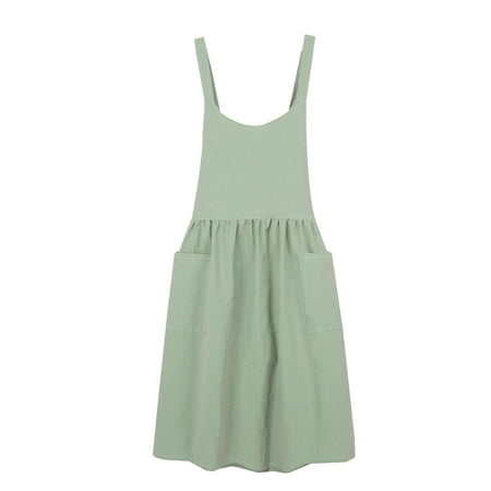 

VIEGINE Pure Color Cross Back Apron with Pockets Adjustable Waist Tie Cotton Linen Bib