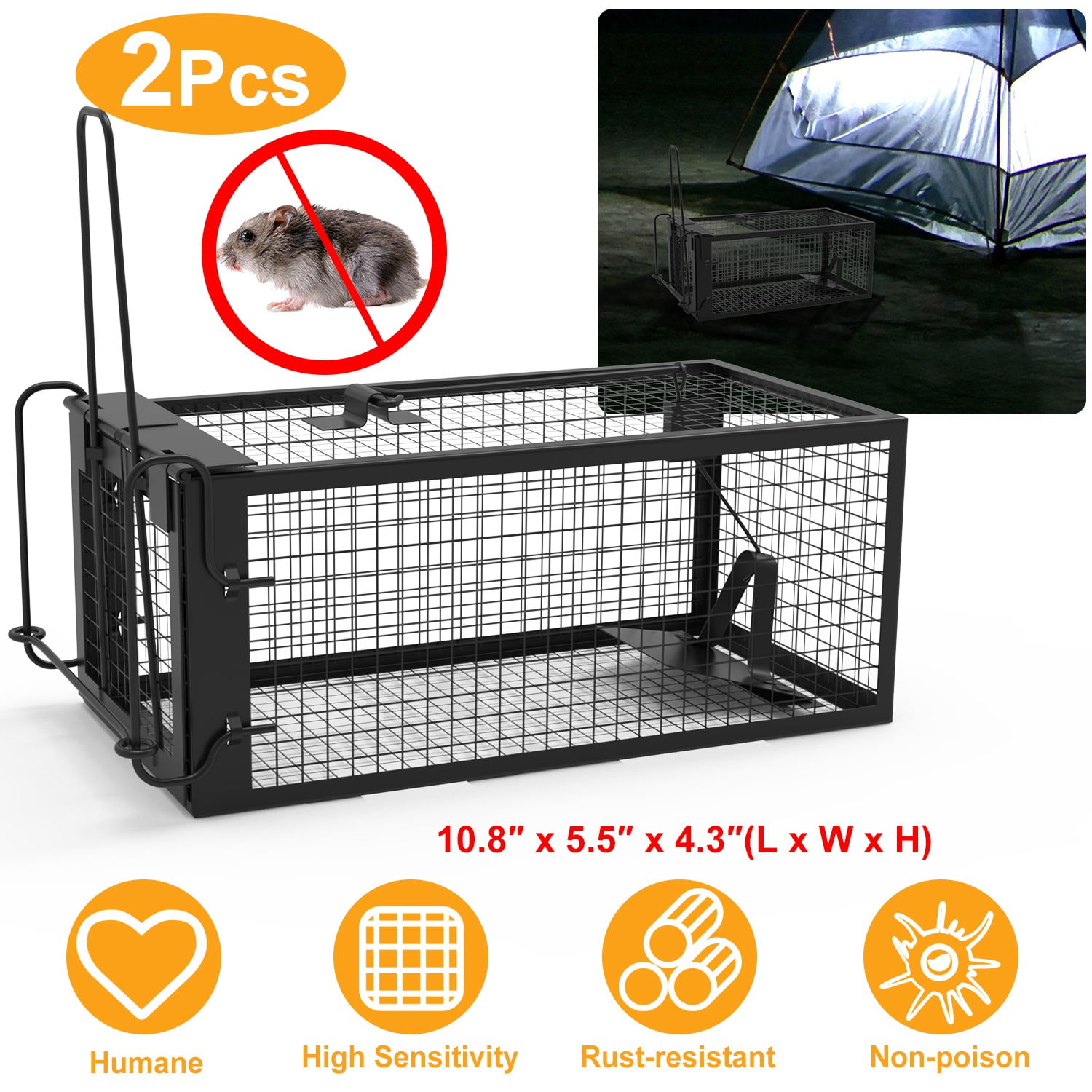 2 Pack Humane Live Rodent Traps, Galvanized Iron Cage for Mice and Rats, Easy to Use with Detachable U-Shaped Rod