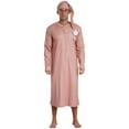 thumbnail image 2 of iiniim Men's 2Pcs Pajamas Set Long Sleeve Striped Kaftan Sleepwear Night Shirt with Sleeping Cap Khaki M, 2 of 7