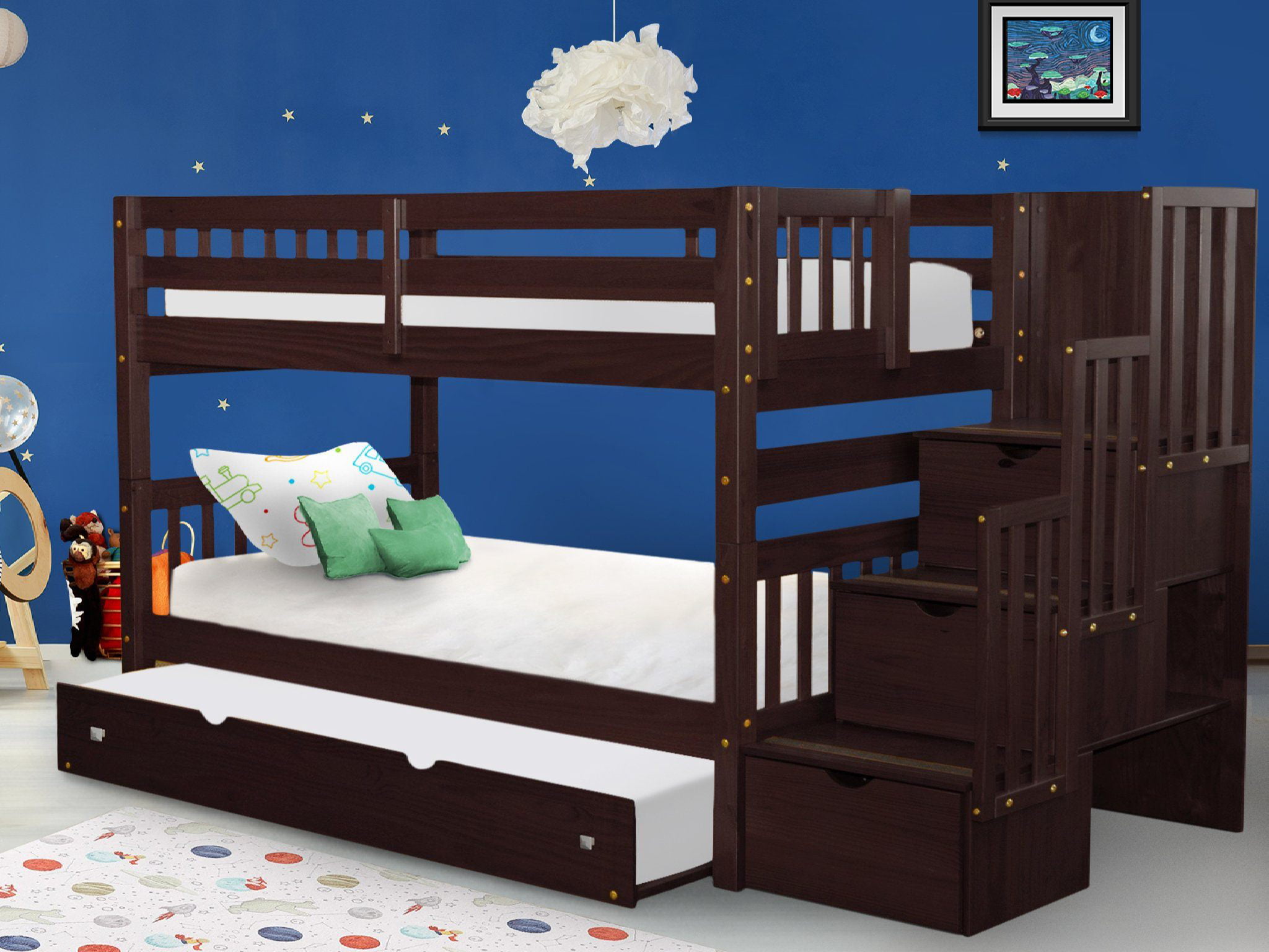 Bedz King Stairway Bunk Beds Twin Over, Twin Over Bunk Bed With Trundle And Staircase