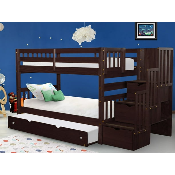 Bedz King Stairway Bunk Beds Twin Over Twin With 3 Drawers In The Steps And A Twin Trundle Cappuccino Walmart Com Walmart Com