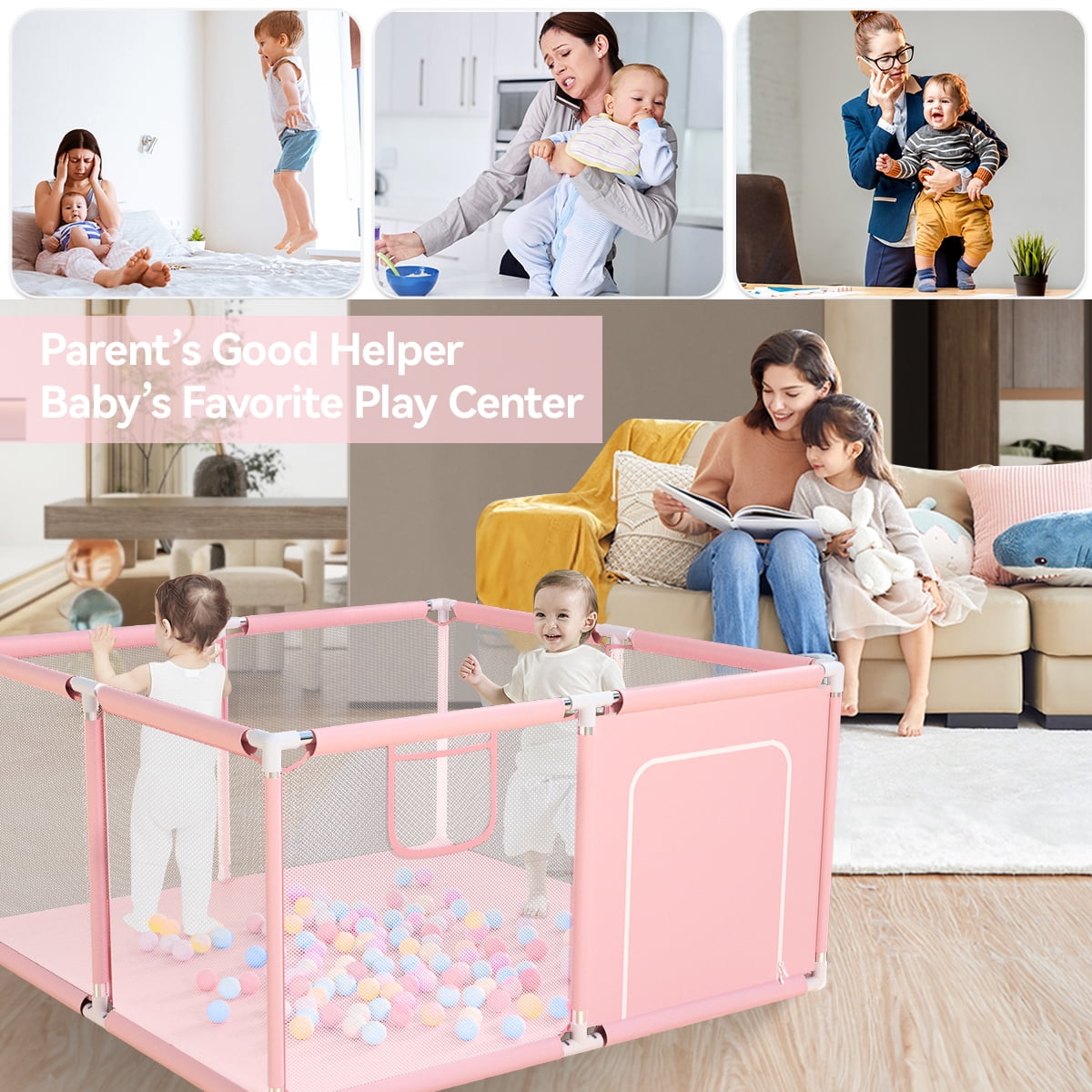 Baby Playpen, Outdoor Play Yard, Portable Play Yard 4-Panel- Baby Foldable Safety Playpen for Infant Toddler,Pink