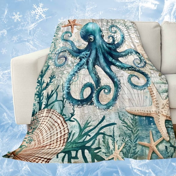 Nautical Octopus Cooling Blanket,Lightweight Breathable Summer Throw Blanket with Double Sided Cold Effect,Coastal Vintage Coral Starfish Ocean Picnic Blankets Bed Sheet for Hot Sleepers 30"x40"