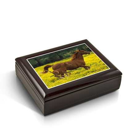 Mother And Baby Horse (Foal) In The Prairie Tile Musical Jewelry Box - Pearly Shells - SWISS