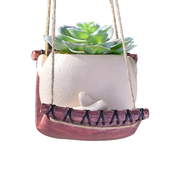 Precio reducido por tiempo limitado!Lindo Columpio Maceta de Resina Maceta con Sonrisa Sentada única Maceta de decoración de jardín Maceta con Orificio de Drenaje, Regalo de decoración de jardín