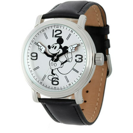Disney Mickey Mouse Men's Shinny Silver Vintage Articulating Alloy Case Watch, Black Leather Strap