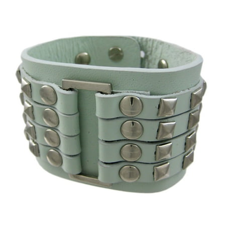 - Gray Leather 4 Row Chrome Pyramid Stud Wristband