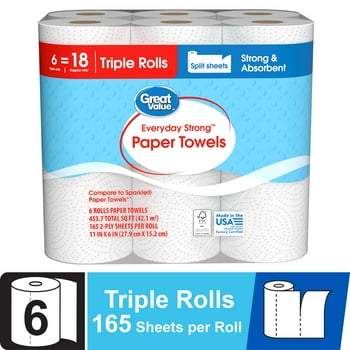 Great Value Everyday Strong Paper Towels, 6 Triple Rolls, Split Sheets