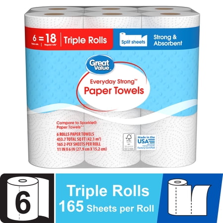 Great Value Everyday Strong Paper Towels, 6 Triple Rolls
