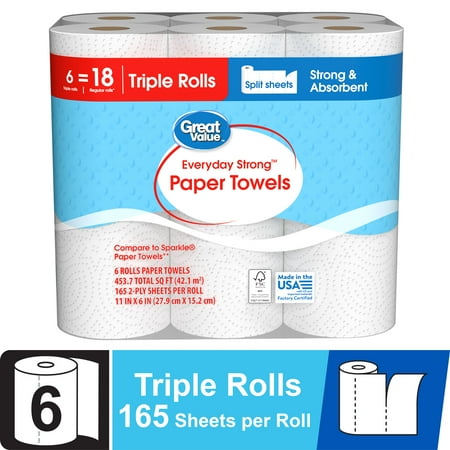 Great Value Everyday Strong Paper Towels 6 Triple Rolls Split Sheets Great Value Everyday Strong Paper Towels 6 Triple Rolls Split Sheets