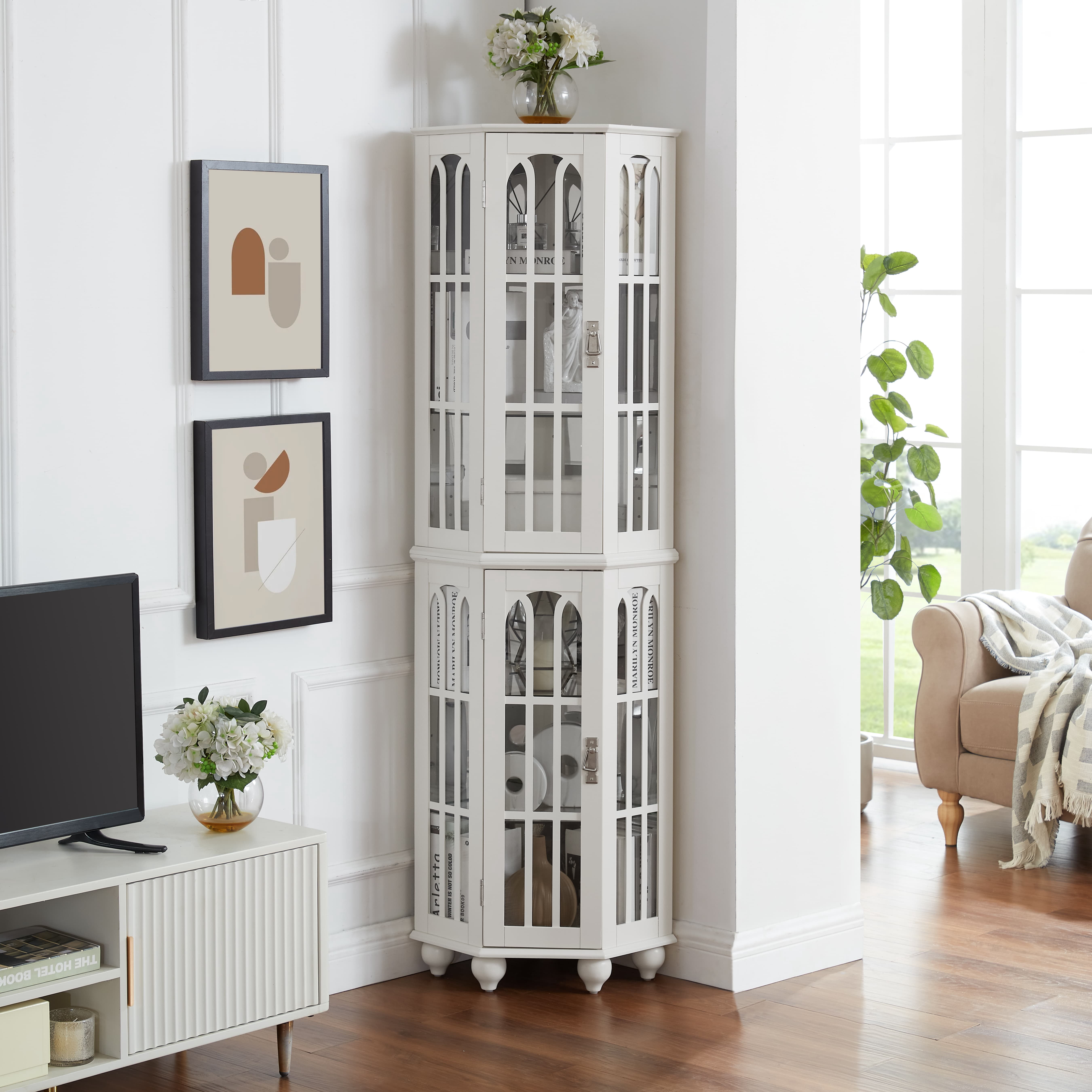 mayceyee Lighted 3-Side Corner Cabinet, 72" Tall Curio Display Cabinet with 4 Adjustable Tempered Glass Shelves, Curved Wood Corner Storage Decoration Rack for Living room & Bedroom Loraine (White)
