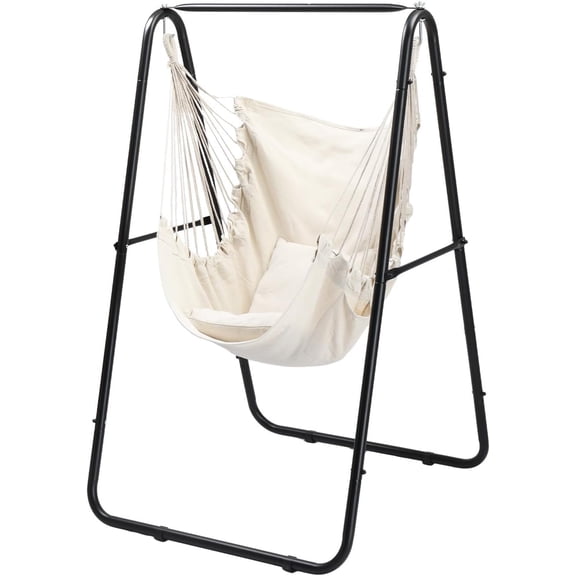 NeoNiches 600LBS Heavy-Duty Hammock Chair with Stand, Steel Hanging Chair Stand with Hook & Pillows, Durable Swing Stand for Indoor Outdoor, Weather Resistant Support Base, Black (Hammock w/Stand)