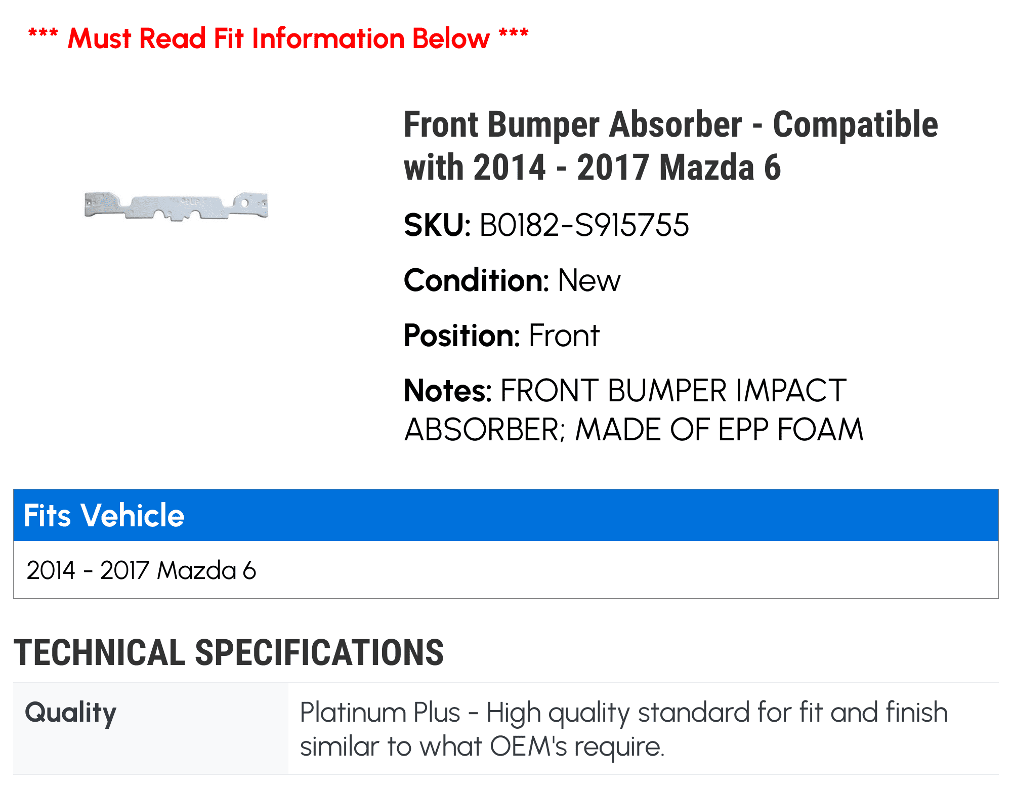 Front Bumper Absorber - Compatible with 2014 - 2017 Mazda 6 2015 2016