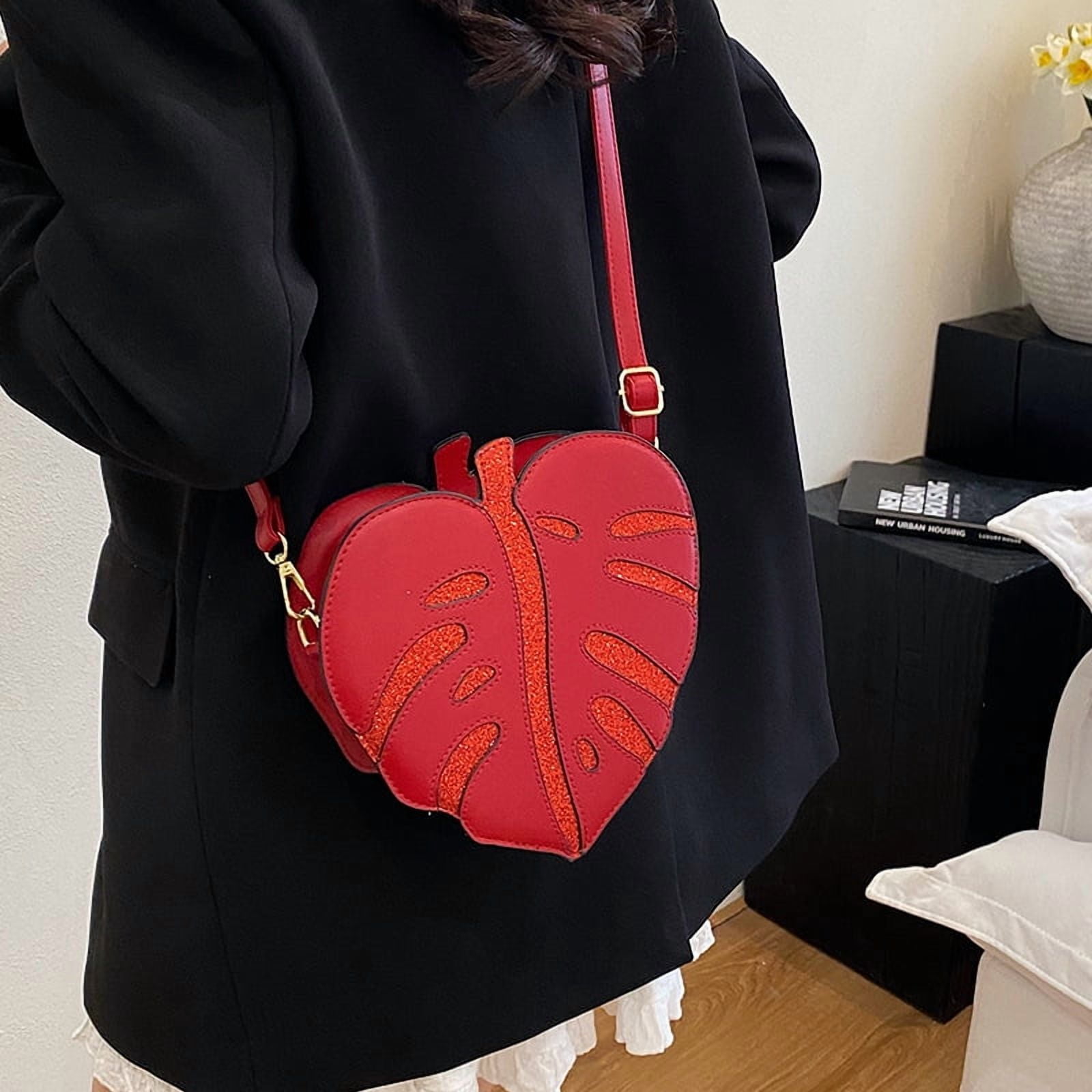 Baguery Monstera Leaf Crossbody Bag - PU Leather Japanese Cartoon Plant Clutch Purse, Adjustable Strap (Red/Green/Light Green)​