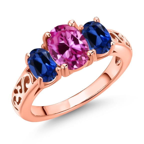 Gem Stone King 18K Rose Gold Plated Silver Pink Created Sapphire and Blue Created Sapphire Filigree Style 3 Stone Ring for Women (2.85 Cttw, Oval 8X6MM and 6X4MM) (Size 5)