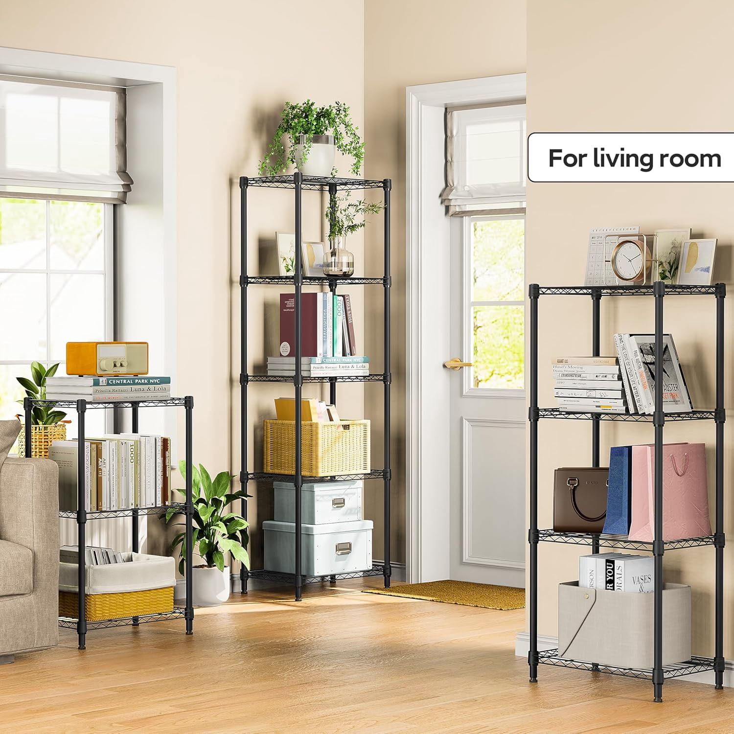 M MZG 4-Tier Metal Storage Rack, Shelving Unit with for Home, Kitchen, Living Room, Bathroom (Black, 4 Tier，11.8" D × 17.7" W× 41.9" H)
