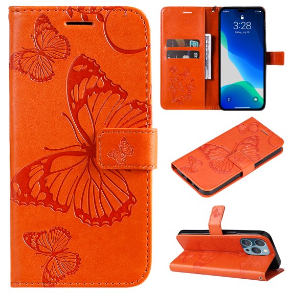 Nalacover For iPhone 14 Pro Max Magnetic Wallet Case,Luxury Embossed Butterfly PU Leather Flip Kickstand Card Slot Shockproof Protective Cover with Wrist Strap.For iPhone 14 Pro Max,Orange