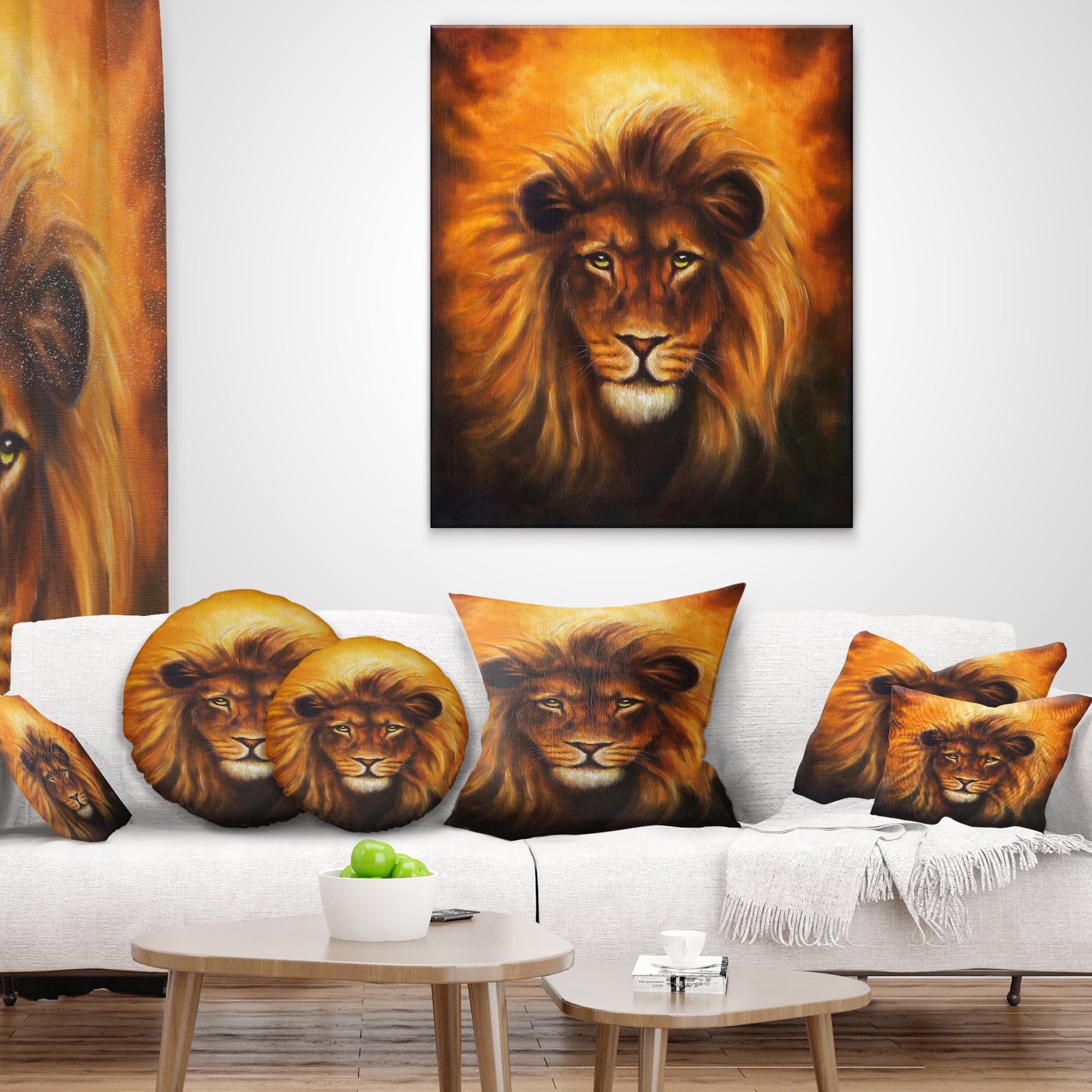 Designart Lion Head with Golden Mane - Animal Throw Pillow - 16x16